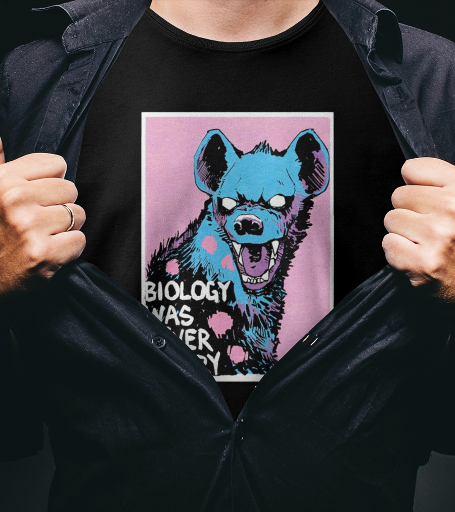 Biology Was Never Binary Blue Hyena Pink Background T-Shirt