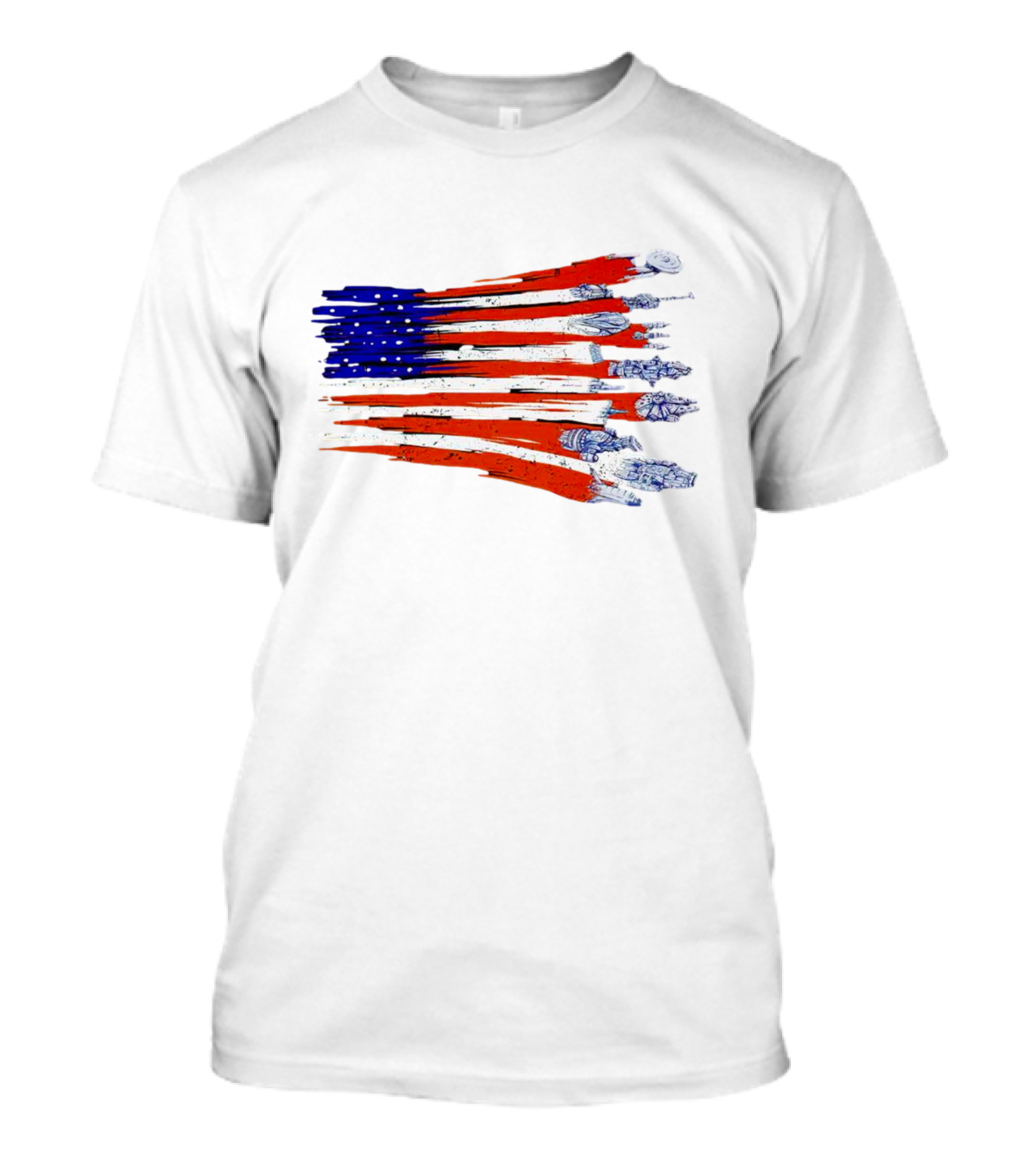 Spaceship American Flag Star Wars Starships Millennium Falcon X-Wing NASA Apollo Saturn V T-Shirt