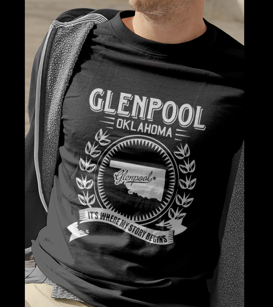 Glenpool Oklahoma It's Where My Story Begins Location Map And Laurel Wreath T-Shirt