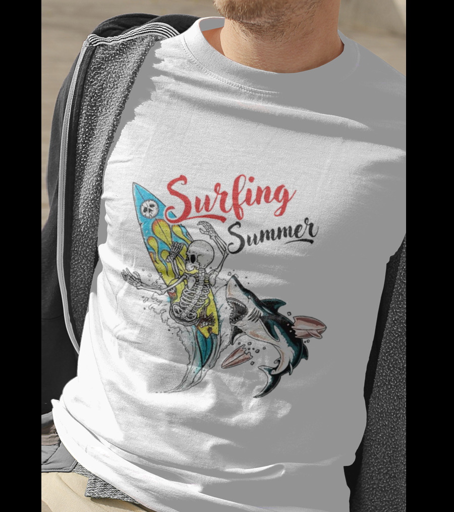 Surfing Summer Skeleton Battling Shark Adventure T-Shirt
