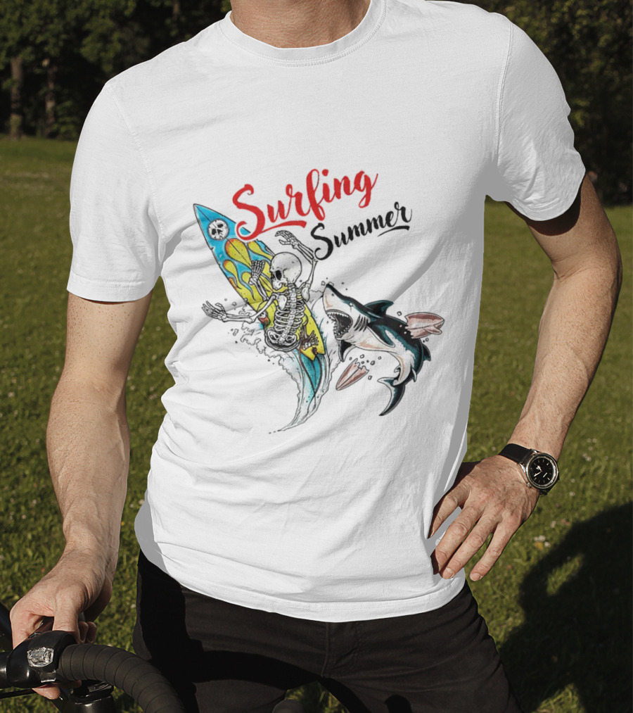 Surfing Summer Skeleton Battling Shark Adventure T-Shirt