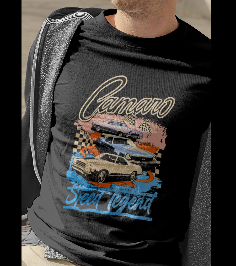 Camaro Speed Legend Vintage Racing Cars Checkered Flags T-Shirt