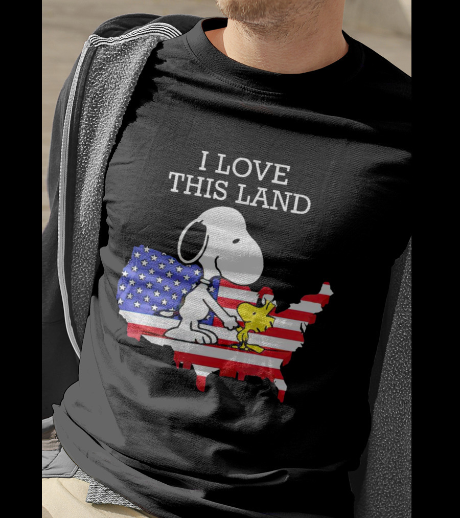 Snoopy Woodstock I Love This Land American Flag USA Map T-Shirt