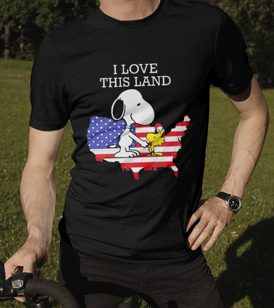 Snoopy Woodstock I Love This Land American Flag USA Map T-Shirt
