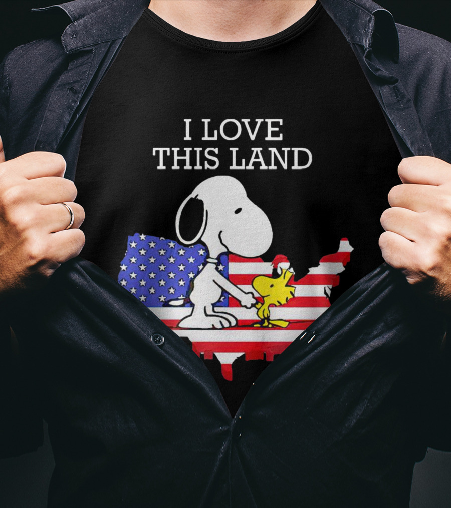 Snoopy Woodstock I Love This Land American Flag USA Map T-Shirt