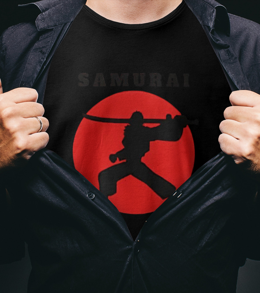 Samurai Silhouette With Red Sun Background T-Shirt