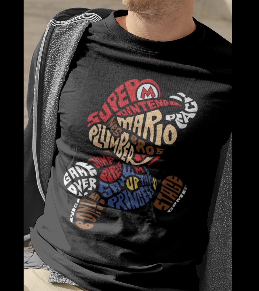 Super Nintendo Mario Bros Plumber Jump Stage Game Typography T-Shirt