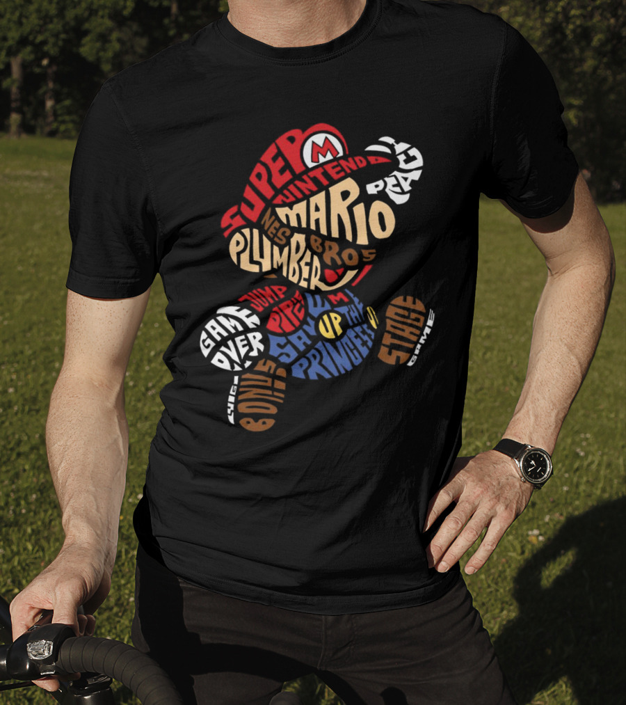 Super Nintendo Mario Bros Plumber Jump Stage Game Typography T-Shirt