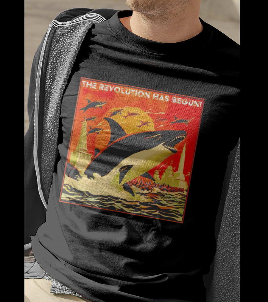 The Revolution Has Begun Orca Tower Attack With Jumping Killer Whales And Red Sky T-Shirt