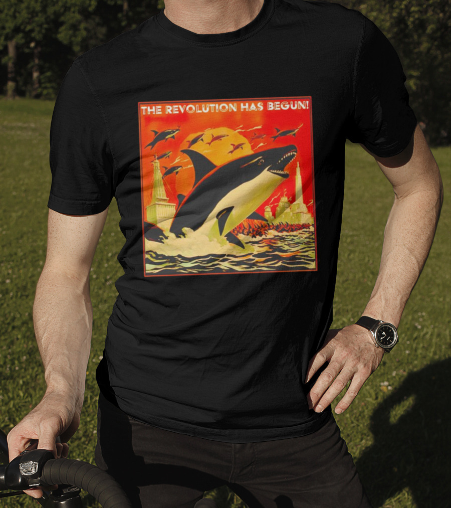 The Revolution Has Begun Orca Tower Attack With Jumping Killer Whales And Red Sky T-Shirt