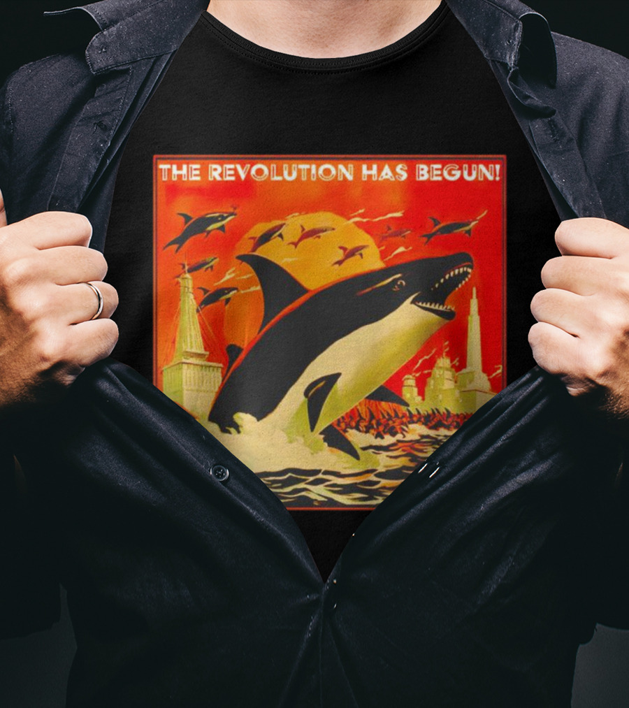 The Revolution Has Begun Orca Tower Attack With Jumping Killer Whales And Red Sky T-Shirt