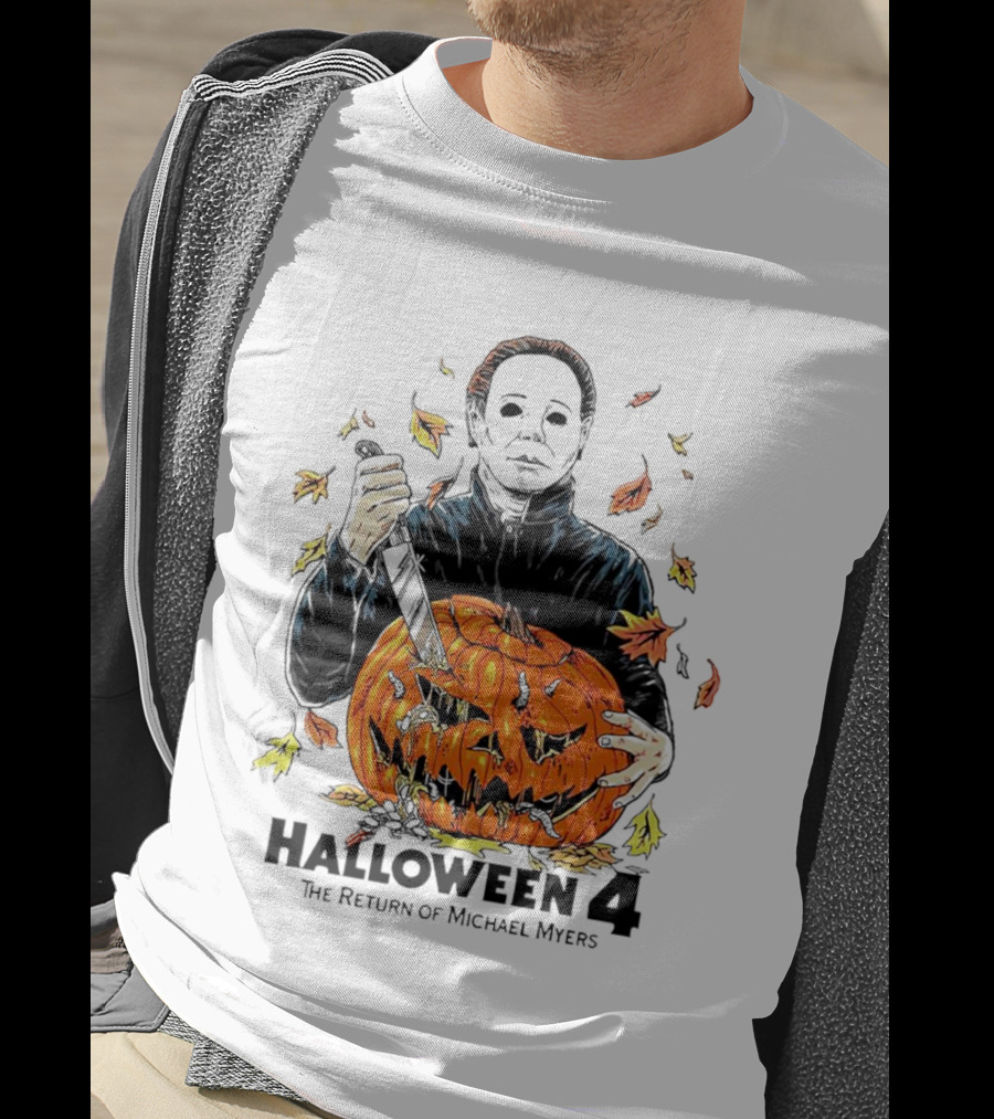 Halloween 4 The Return Of Michael Myers Knife-Wielding Michael With Carved Pumpkin And Autumn Leaves T-Shirt