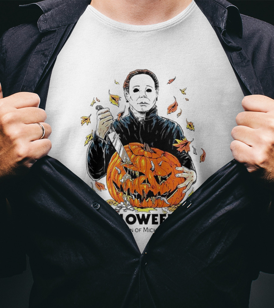 Halloween 4 The Return Of Michael Myers Knife-Wielding Michael With Carved Pumpkin And Autumn Leaves T-Shirt