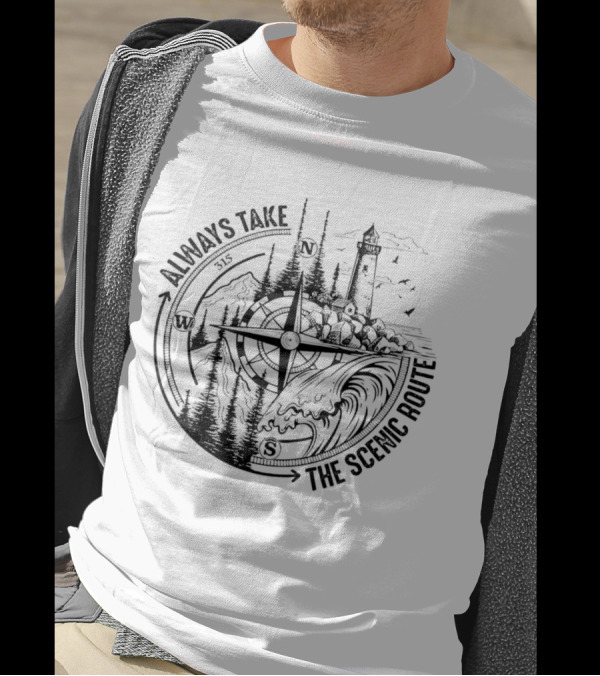 Always Take The Scenic Route Compass Lighthouse Ocean Waves Forest Adventure T-Shirt
