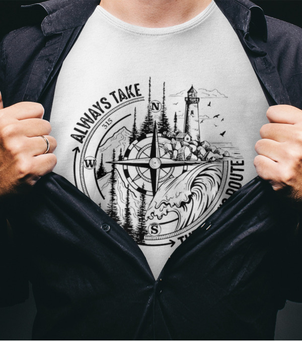 Always Take The Scenic Route Compass Lighthouse Ocean Waves Forest Adventure T-Shirt