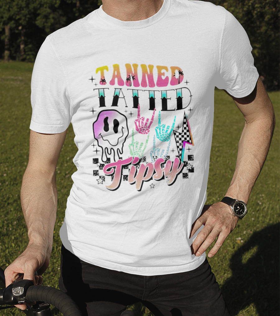 Tanned Tatted Tipsy Colorful Skeleton Hands Melting Smiley T-Shirt