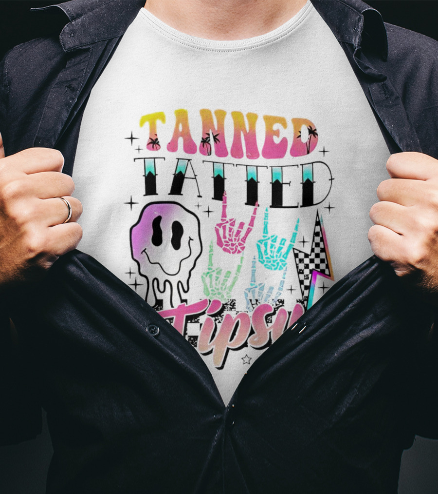 Tanned Tatted Tipsy Colorful Skeleton Hands Melting Smiley T-Shirt