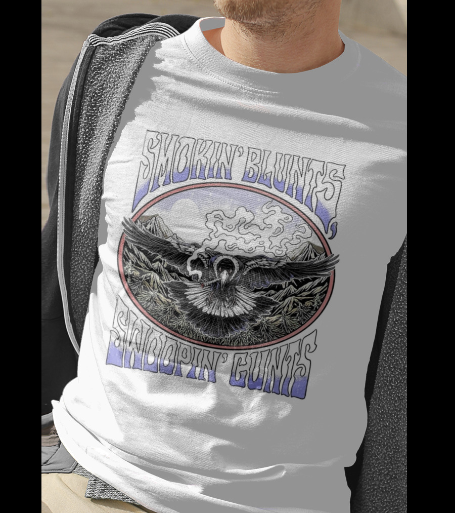 Smokin’ Blunts Swoopin’ Gunts Raven With Smoky Mountains And Clouds T-Shirt