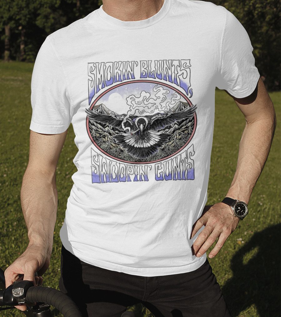 Smokin’ Blunts Swoopin’ Gunts Raven With Smoky Mountains And Clouds T-Shirt