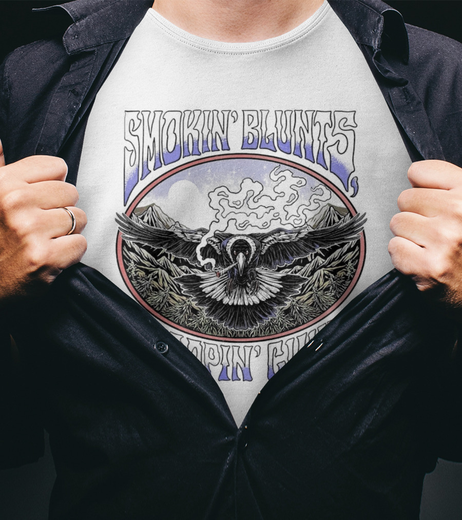 Smokin’ Blunts Swoopin’ Gunts Raven With Smoky Mountains And Clouds T-Shirt