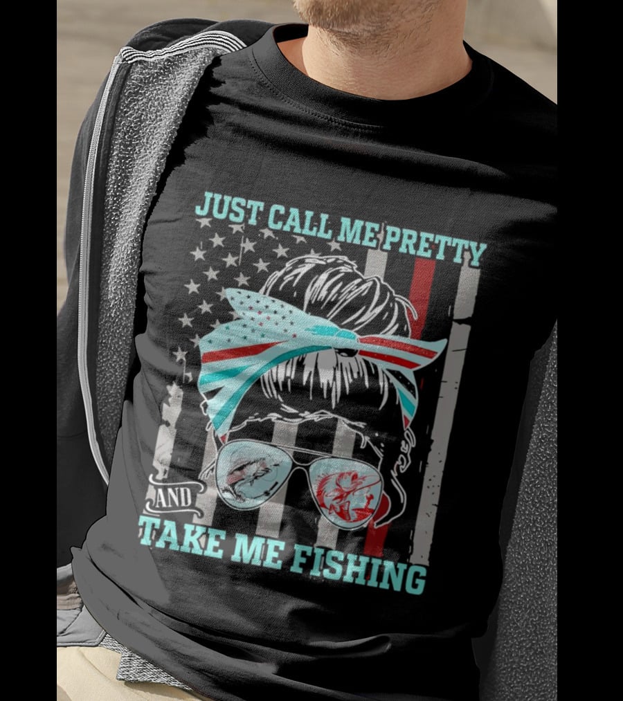 Just Call Me Pretty American Flag Bow Sunglasses Fishing T-Shirt