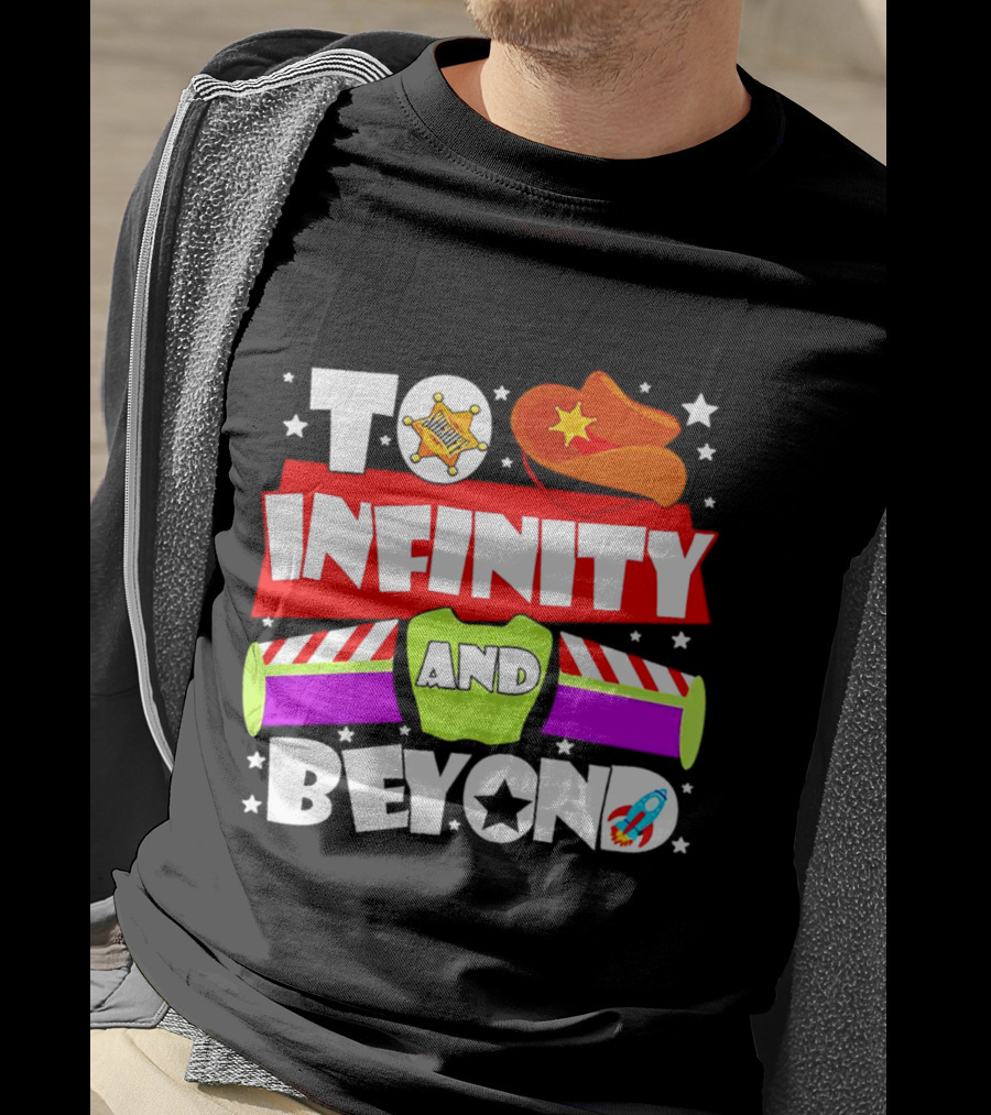 To Infinity And Beyond Toy Story Sheriff Badge Cowboy Hat Rocket T-Shirt