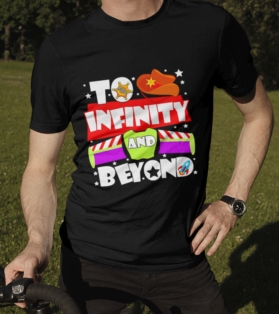 To Infinity And Beyond Toy Story Sheriff Badge Cowboy Hat Rocket T-Shirt