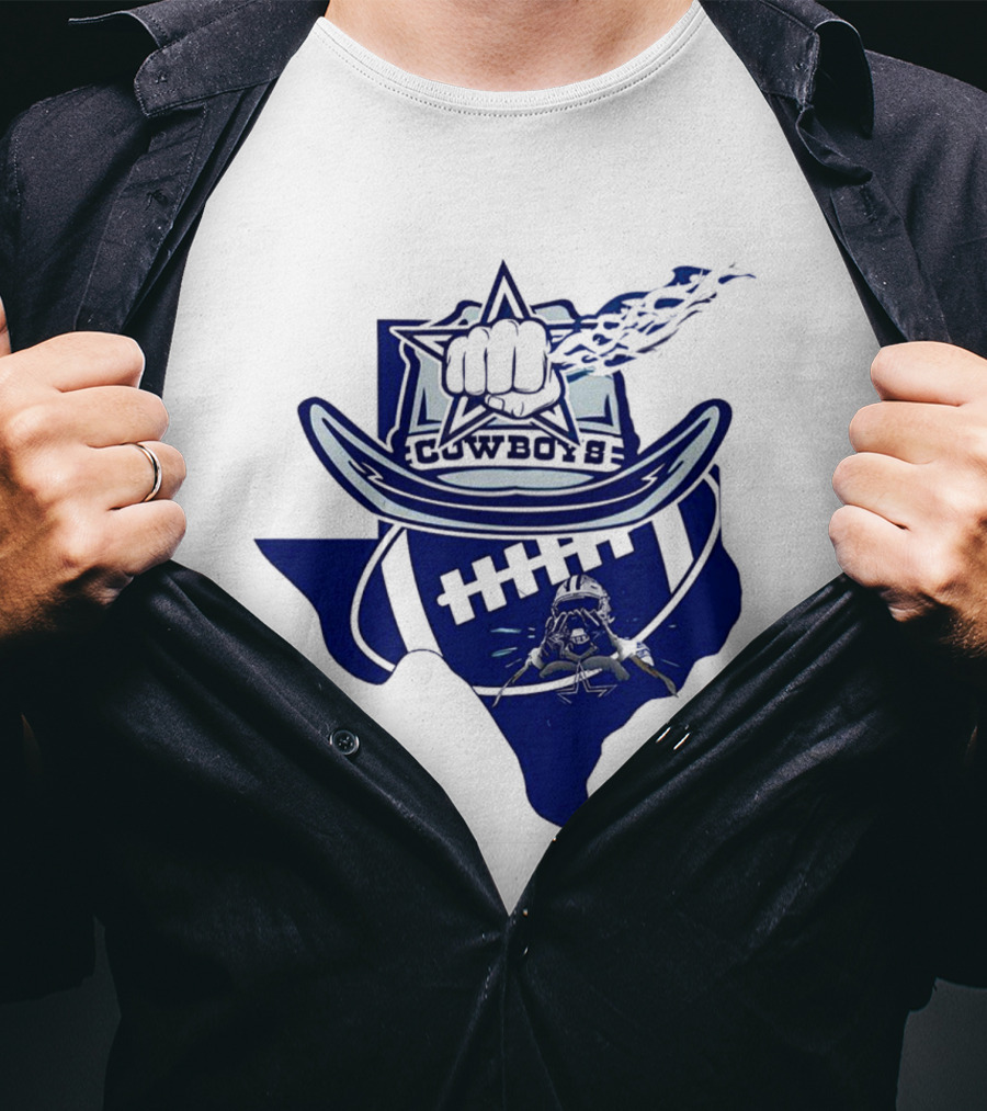 Texas Cowboys Star Hat Fist Football Map T-Shirt