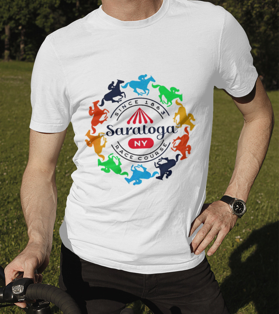 Saratoga NY Race Course Since 1863 Colorful Jockeying Nyra Authentics T-Shirt