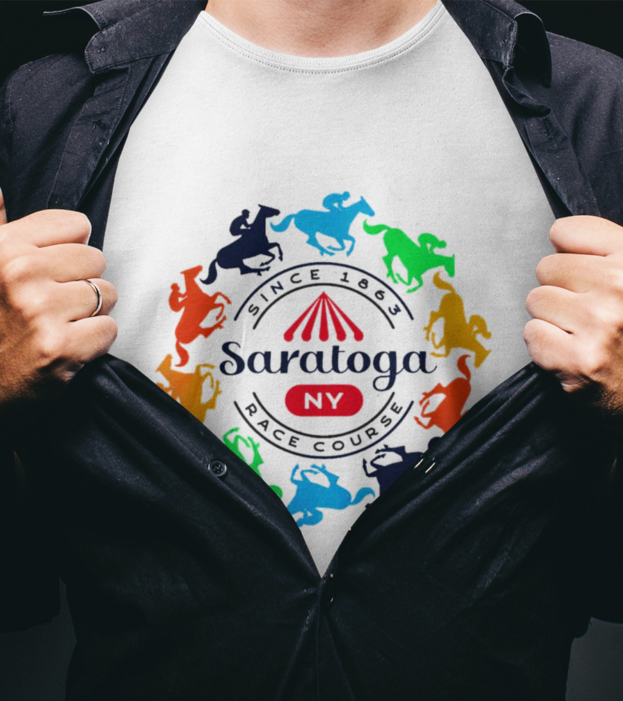 Saratoga NY Race Course Since 1863 Colorful Jockeying Nyra Authentics T-Shirt