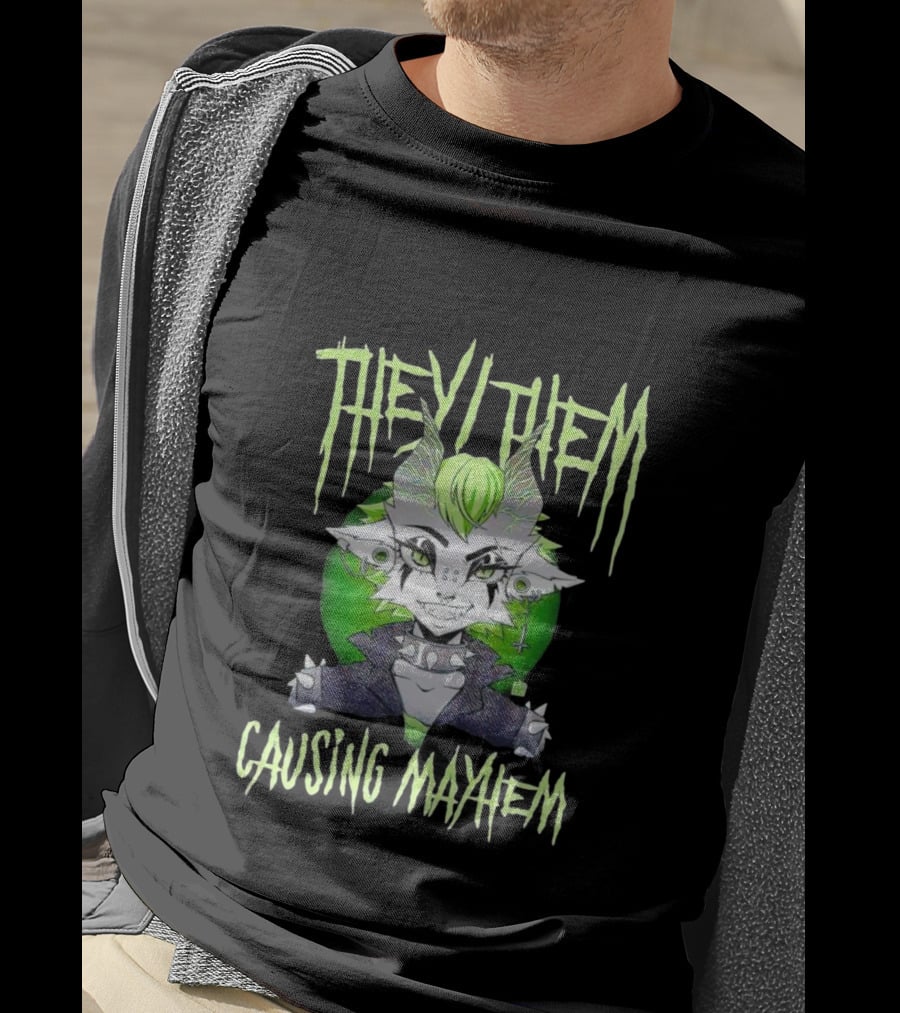 They Them Causing Mayhem Punk Monster Character With Green Hair And Spikes T-Shirt