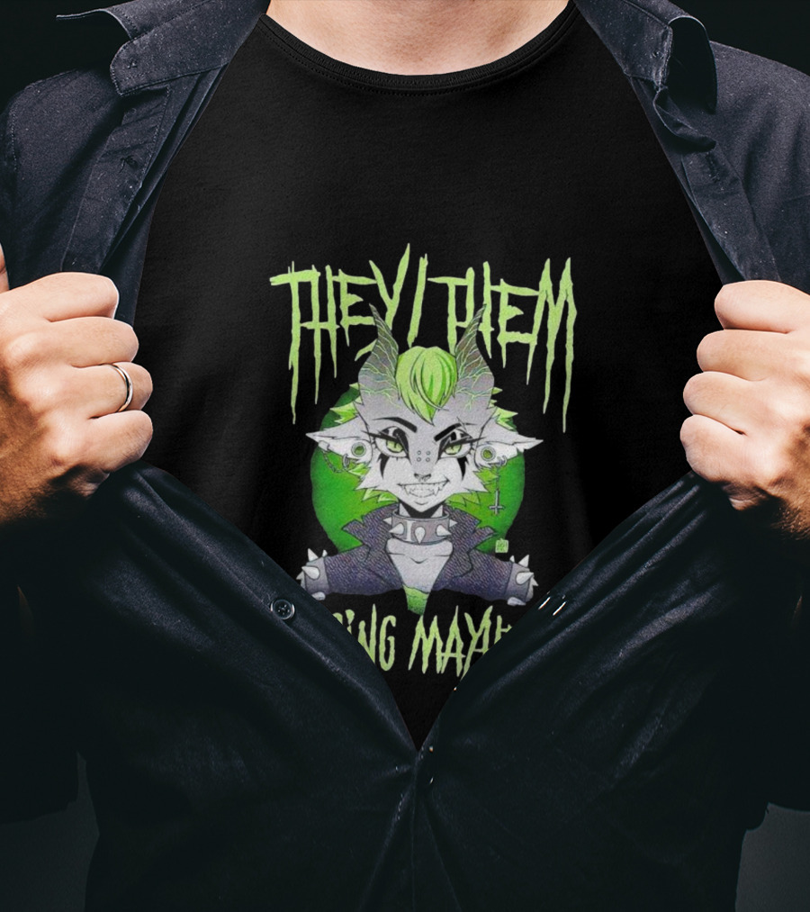 They Them Causing Mayhem Punk Monster Character With Green Hair And Spikes T-Shirt