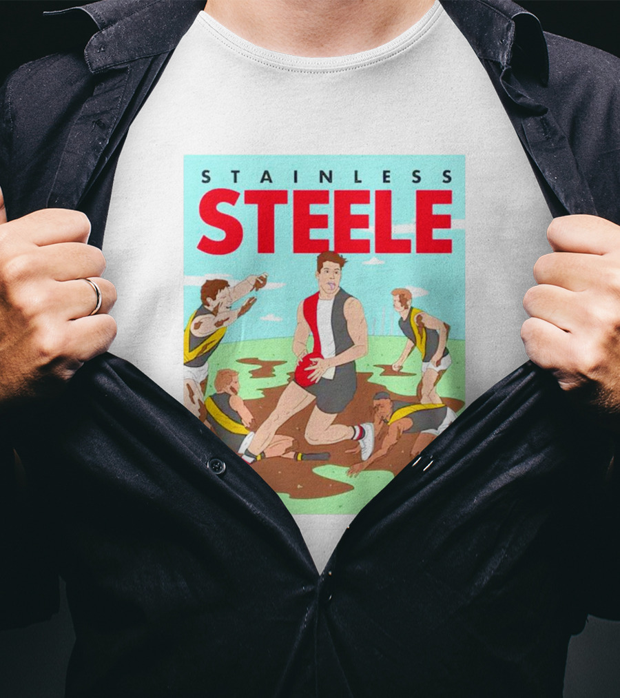 Stainless Steele AFL Football Hero In Action On Muddy Field T-Shirt