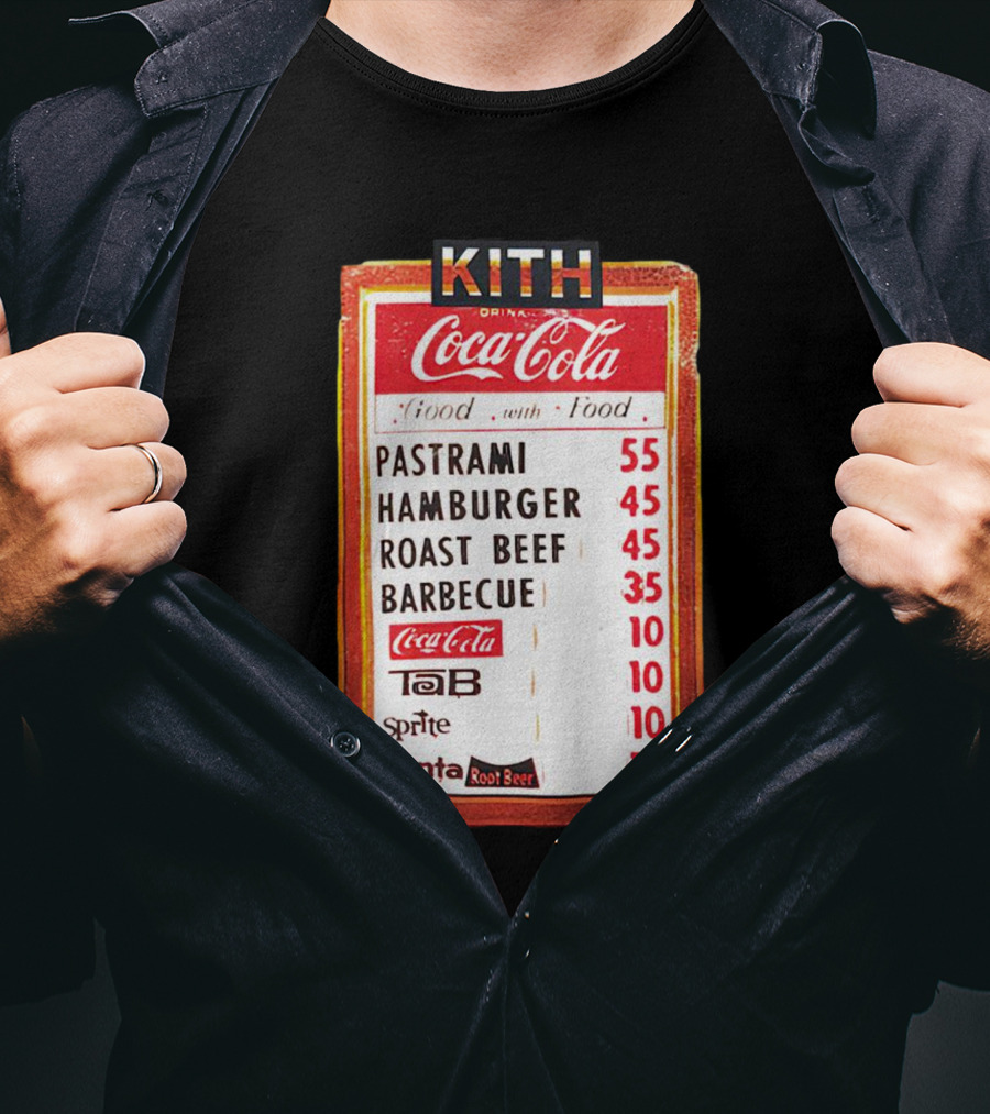 Kith Coca Cola Good With Food Vintage Menu Pastrami Hamburger Roast Beef Barbecue TaB Sprite Fanta Root Beer T-Shirt