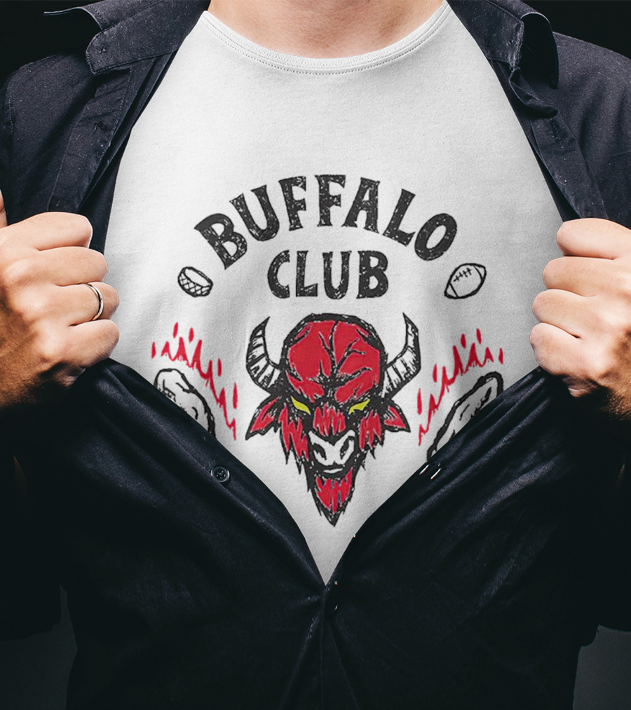 Buffalo Club Red Fiery Horned Beast With Footballs And Wings T-Shirt