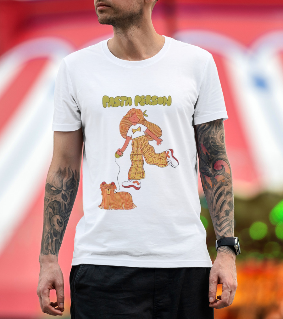 Pasta Person Walking Dog in Checkered Pants and White Sneakers T-Shirt
