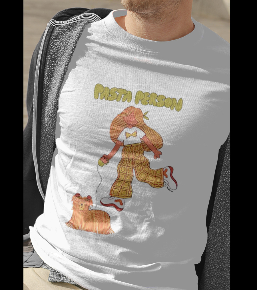 Pasta Person Walking Dog In Checkered Pants And White Sneakers T-Shirt