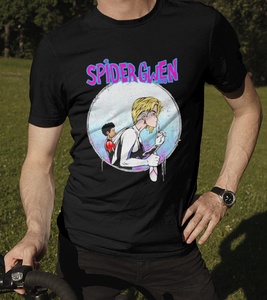 Spider-Gwen Silence Gesture With Spider Emblem Background T-Shirt