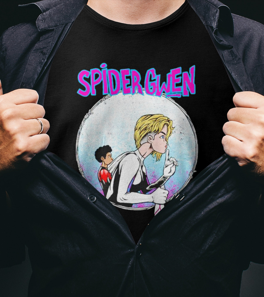 Spider-Gwen Silence Gesture With Spider Emblem Background T-Shirt