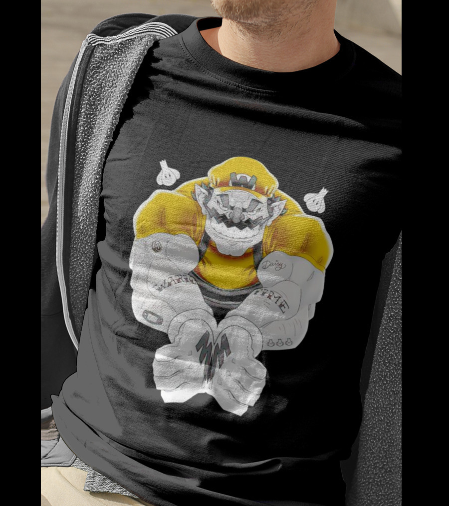 Wario Time Mario Daisy Tattoo With Yellow Cap And Muscle Pose T-Shirt