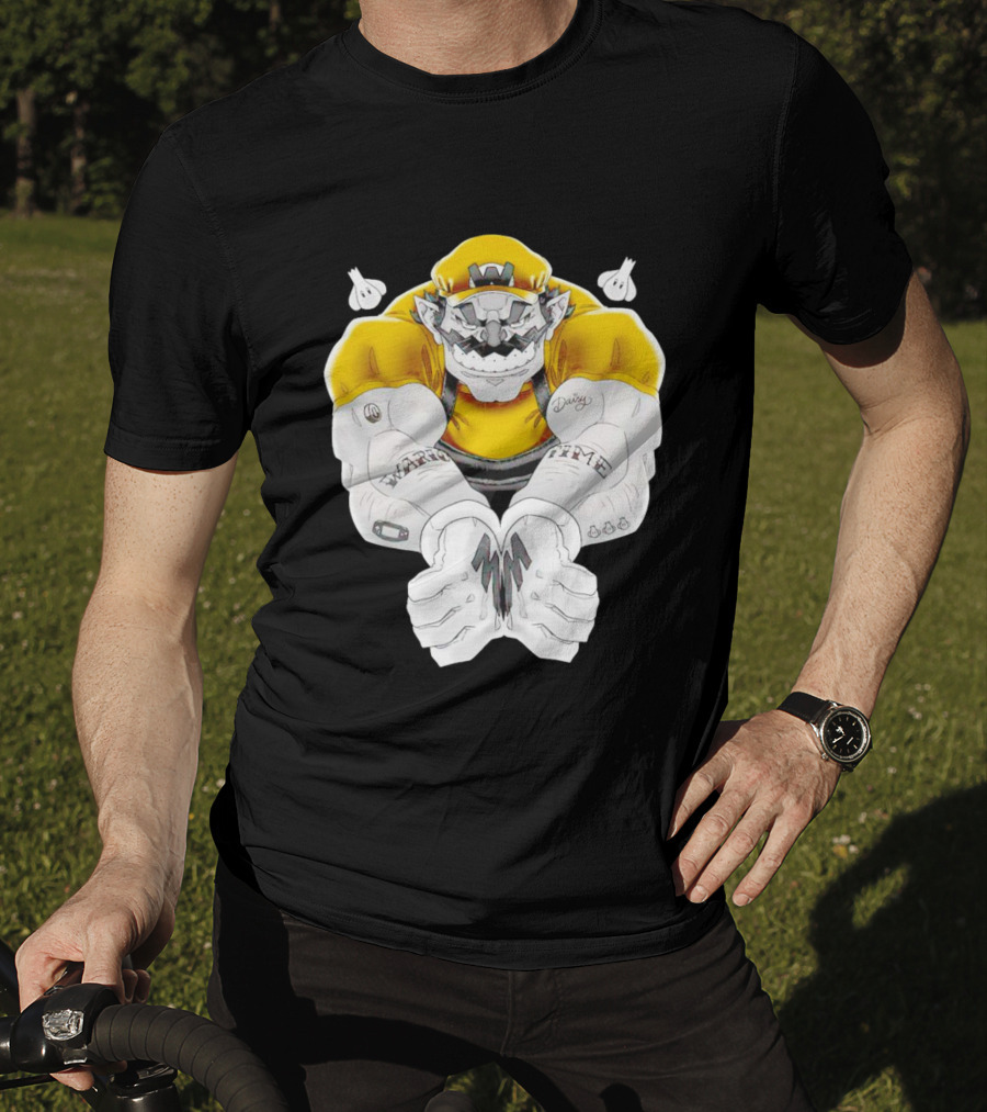Wario Time Mario Daisy Tattoo With Yellow Cap And Muscle Pose T-Shirt