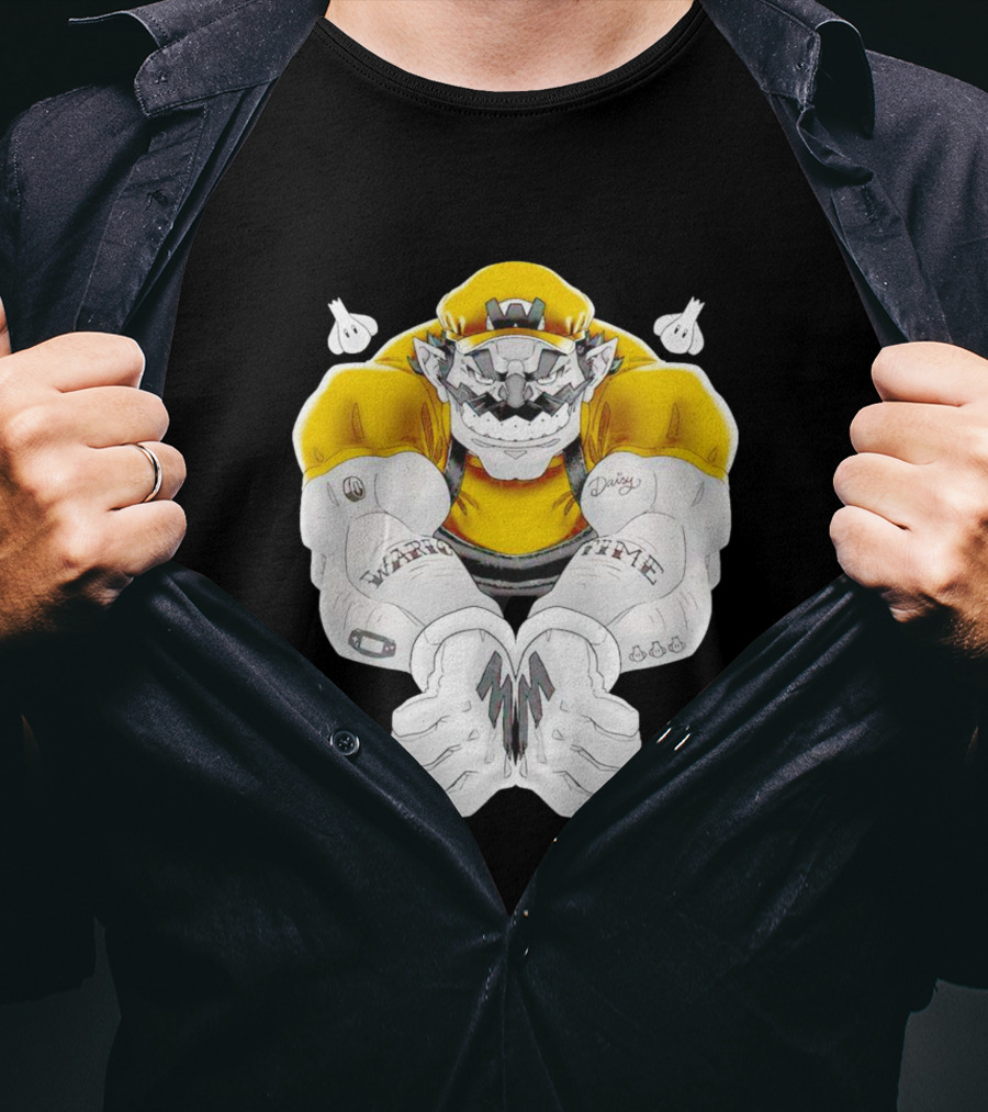 Wario Time Mario Daisy Tattoo With Yellow Cap And Muscle Pose T-Shirt