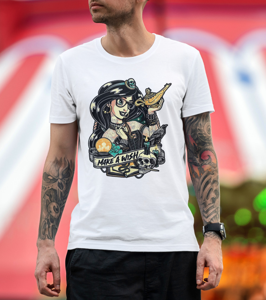Jasmine Princess Aladdin Make a Wish Tattoo Style with Skull and Lamp T-Shirt