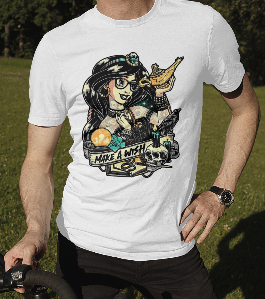 Jasmine Princess Aladdin Make A Wish Tattoo Style With Skull And Lamp T-Shirt