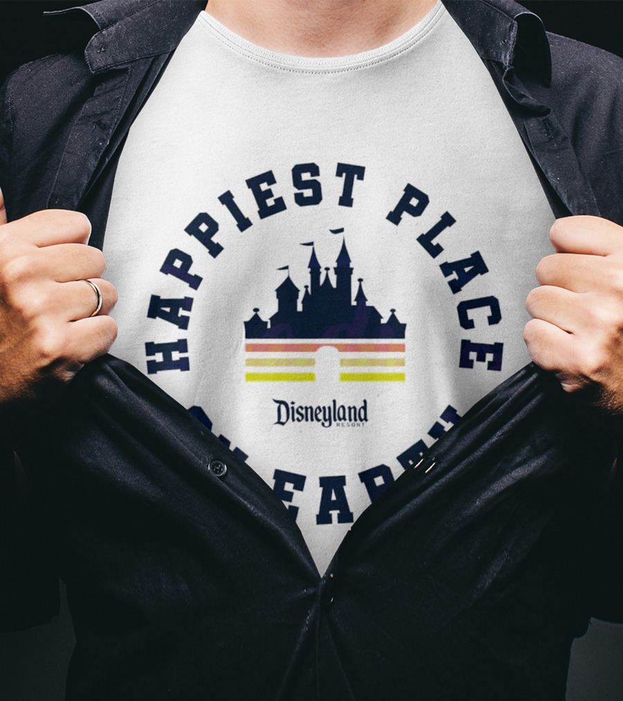Happiest Place On Earth Disneyland Castle Icon With Stripes T-Shirt