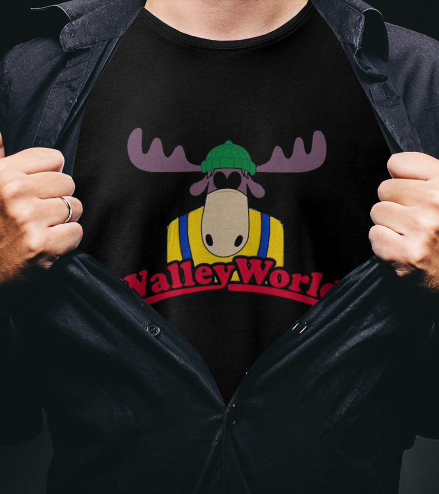 Walley World Moose Cartoon Character In Green Hat And Yellow T-Shirt
