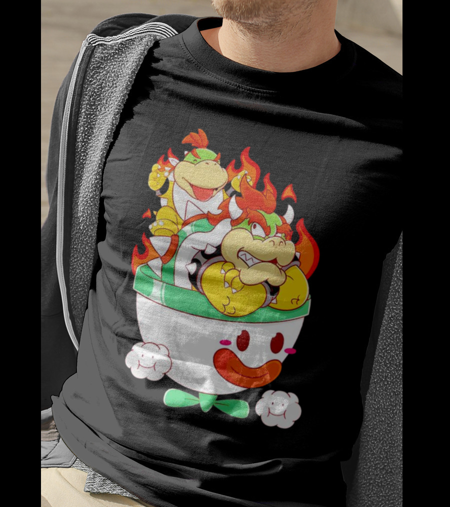 Bowser And Bowser Jr. Father And Son In Clown Car With Flames T-Shirt