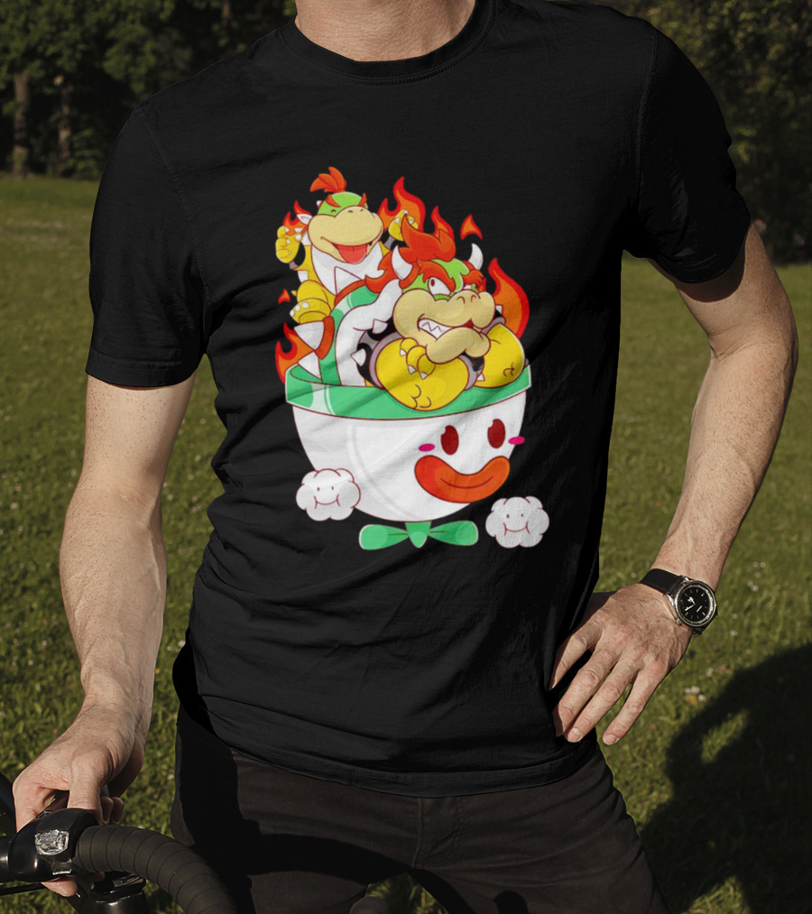 Bowser And Bowser Jr. Father And Son In Clown Car With Flames T-Shirt