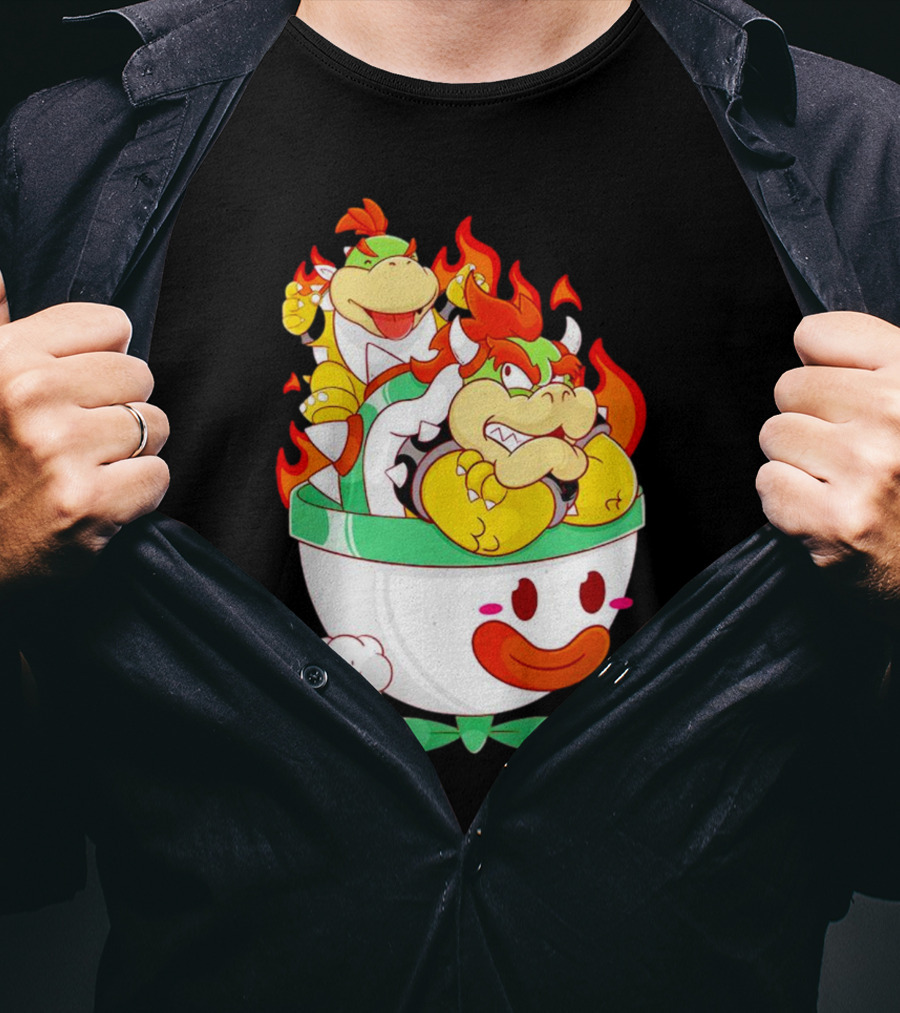 Bowser And Bowser Jr. Father And Son In Clown Car With Flames T-Shirt