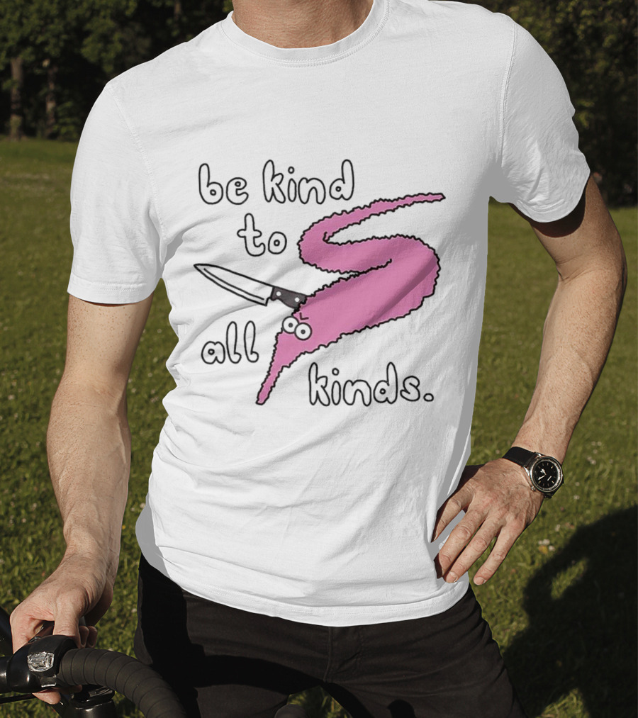 Be Kind To All Kinds Pink Squiggle Worm With Knife T-Shirt
